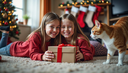 Twin girls smiling while holding a Christmas gift with cat nearby  