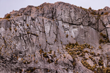 Primer plano detallado de la pared rocosa andina: Textura geológica, fracturas y patrones de grietas en la roca gris de alta montaña, Parque Nacional Los Nevados, Colombia. Fondo de textura natural, r