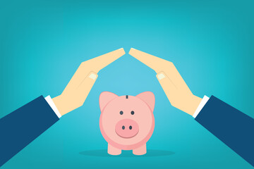 Hands protecting piggy bank, savings concept	