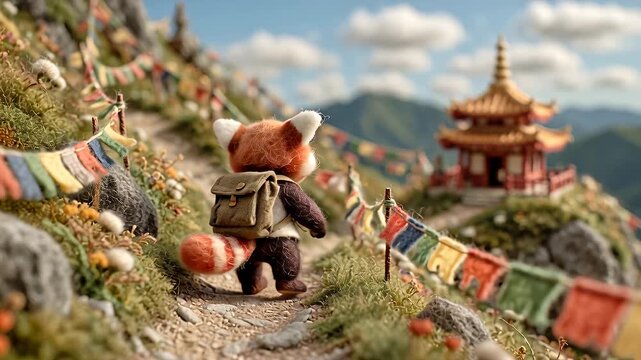 Animated red panda hiking mountain path with colorful flags and temple