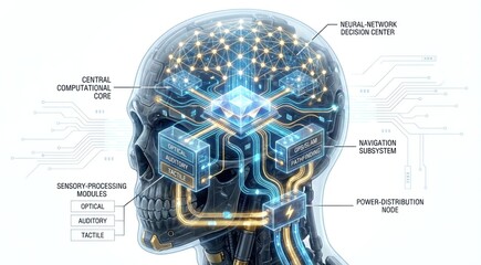 Profile view diagram of cyborg head visualizing internal neural network connections, central processing unit, and data pathways with technical labels on white background