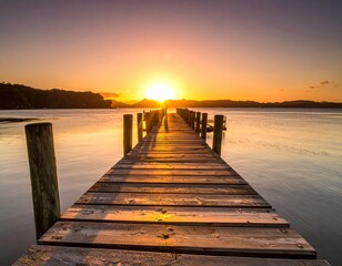 Fototapeta premium A weathered wooden pier leads towards a radiant sunset over tranquil water with distant, silhouetted land