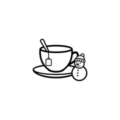 Minimalist Line Art of Tea Cup with Snowman and Teabag