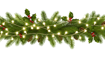 Festive Christmas garland with realistic green pine branches red holly pinecones and glowing string lights