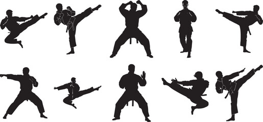 Martial arts fighter silhouette vector set showing powerful karate and taekwondo combat kicking poses