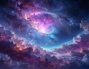 Obraz premium An artistic rendering of a colorful nebula above layered, detailed clouds, speckled with bright, shining stars