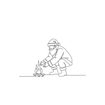 Single Line Drawing of Santa Claus Lighting a Campfire