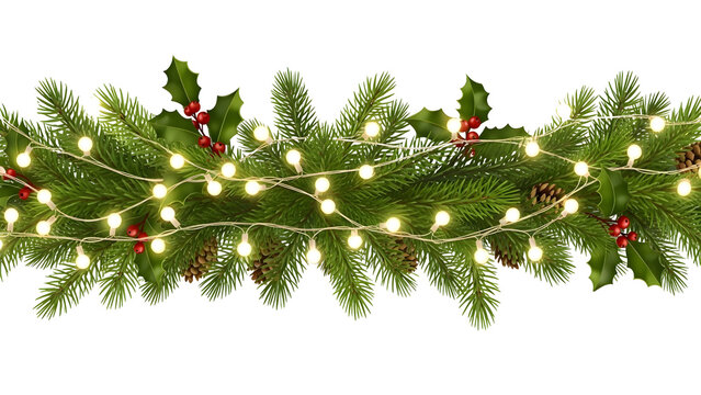Festive Christmas garland with realistic green pine branches red holly pinecones and glowing string lights - Powered by Adobe