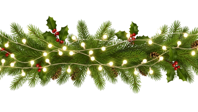 Festive Christmas garland with realistic green pine branches red holly pinecones and glowing string lights