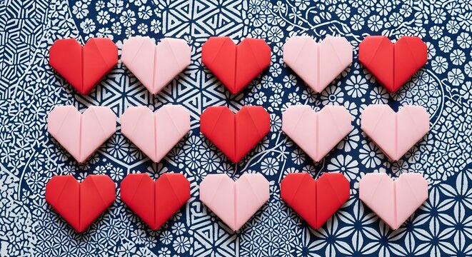 Arrangement of red and pink paper hearts on a patterned background