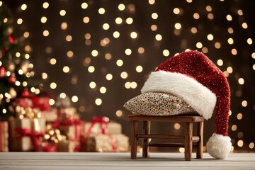 Festive Santa hat resting on a wooden chair, with a backdrop of glowing Christmas decorations, presents, and a softly lit tree in a charming holiday scene