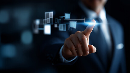 Workflow automation concept with artificial intelligence software faceless businessman uses defocused interface background coding flow process technology nodes triggers data too