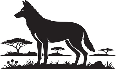 Silhouette of a Wolf in the Savanna with Acacia Trees
