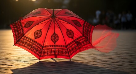 Illuminated red umbrella on wet ground at night with bokeh lights