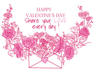 Vector romantic decorative frame of flowers and envelope with a heart. Romance bouquet in an envelope. Valentine's Day card template