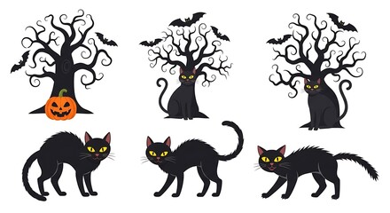 Whimsical Halloween scene features black cats, spooky trees, and bats.