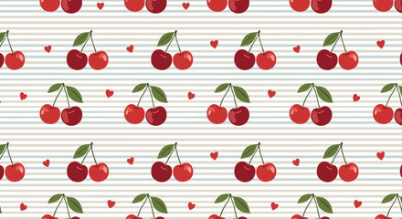 Delightful seamless pattern featuring vibrant red cherries and tiny hearts on a charming striped background ideal for playful designs.