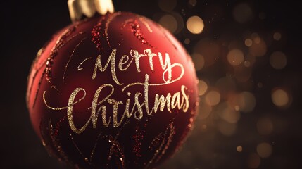 Festive red Christmas ornament with gold glitter lettering and bokeh background