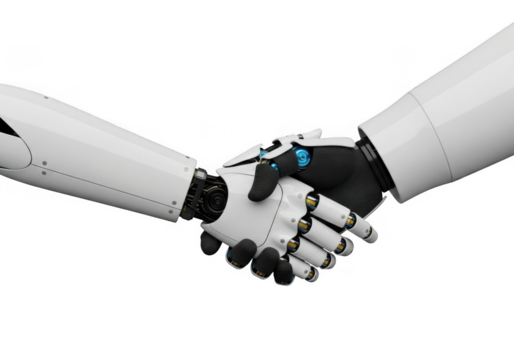 Robotic hand and human hand shaking in agreement isolated on transparent background