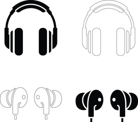 Headphones and Earphones Vector Icon Set – Audio Music and Sound Gadget Symbols