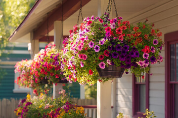 A charming vignette of hanging baskets overflowing with colorful petunias on a porch, adding vibrant curb appeal.
