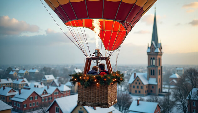 Couple enjoying a scenic hot air balloon ride over snowy village  