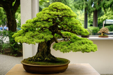 A mature bonsai tree displayed on a table with its intricate branches freshly trimmed.