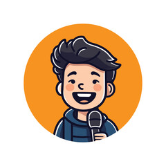 Cheerful Cartoon Boy Avatar Holding a Microphone on Orange Background (AI Generated)