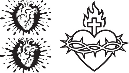 Fototapeta premium Anatomical human hearts on abstract black splash and sacred heart with thorn and cross symbols