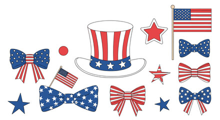 Festive collection of patriotic American-themed elements including stars hats flags and bows for national holidays and celebrations.
