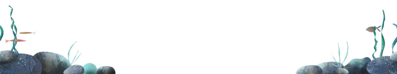 Watercolor illustration seamless border of underwater stones with swaying green seaweed, fishes. Perfect for children's books, educational materials, ocean themes, stickers, and nursery decor © Nataliia