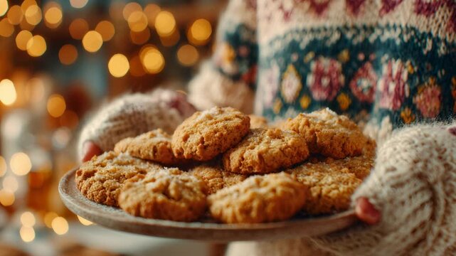 Person wearing a cozy sweater with winter patterns holding a plate of fresh baked oatmeal cookies during holiday celebration