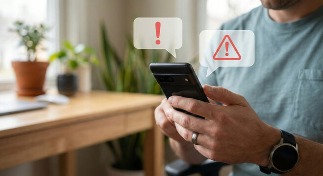 Warning notification on smartphone screen held by hands.
