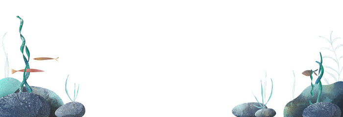 Watercolor illustration seamless border of underwater stones with swaying green seaweed, fishes. Perfect for children's books, educational materials, ocean themes, stickers, and nursery decor © Nataliia