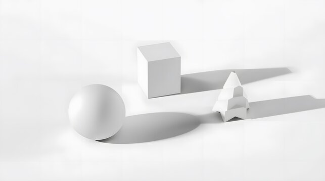 A pure white studio environment featuring three perfectly rendered 3D objects (a sphere, a cone, a cube) casting long, soft shadows. Emphasis on negative space and modern design.