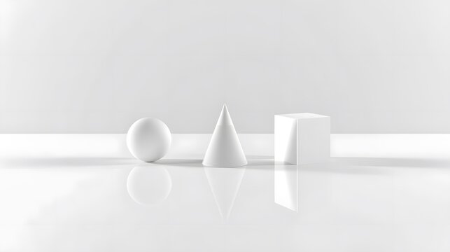 A pure white studio environment featuring three perfectly rendered 3D objects (a sphere, a cone, a cube) casting long, soft shadows. Emphasis on negative space and modern design.