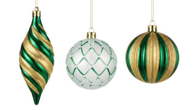 Three vibrant Christmas ornaments green teardrop with gold spirals white sphere with green lattice striped green and gold sphere