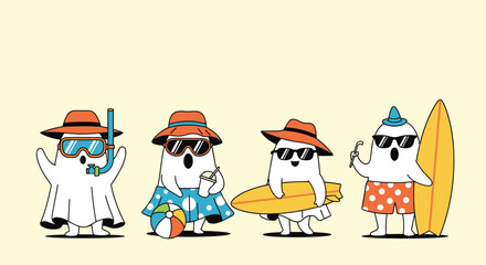 Fototapeta premium Adorable group of four cartoon ghosts dressed in diverse summer outfits including snorkels hats surfboards and drinks.