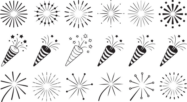 Celebration burst patterns show diverse confetti and star design elements on a white background