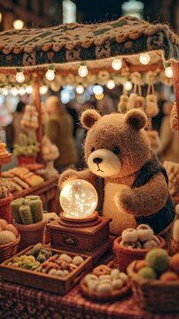 Teddy bear displayed with decorative lights and sphere at a market stall