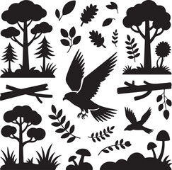 Silhouetted Woodland Elements with Birds and Forest Trees Illustration