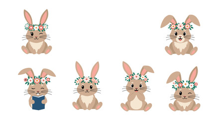 Obraz premium Adorable collection of eight charming bunny characters wearing sweet flower crowns and showing diverse playful poses.