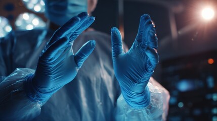 Surgeon preparing for operation, wearing sterile gloves in operating room
