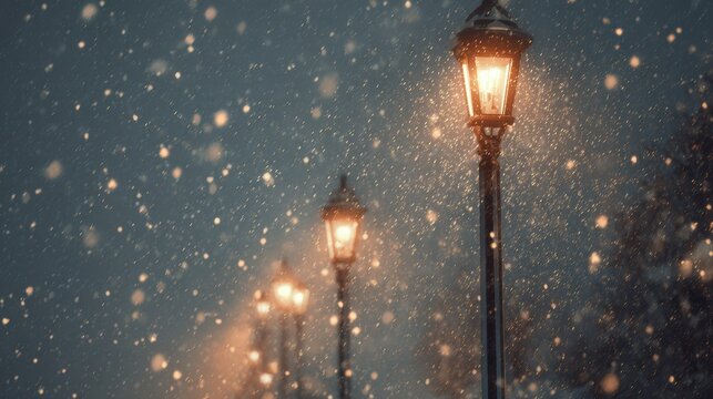 Snowy night scene with glowing street lamps and falling snowflakes