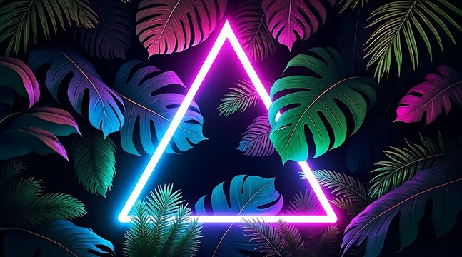 Neon triangle frame with dark tropical leaves Keywords: neon, triangle, frame, border, glowing