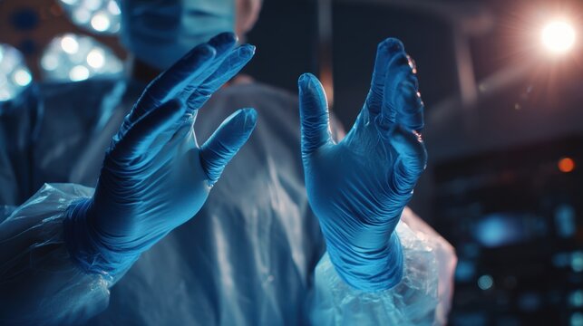 Surgeon preparing for operation, wearing sterile gloves in operating room
