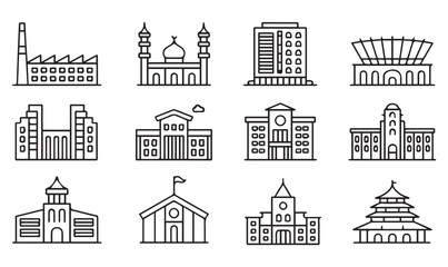 Global Architecture Line Icons Set &ndash; Cultural and Functional Building Styles