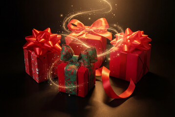 Magic Christmas Gifts on Transparent Background. Festive Holiday Present Boxes.

