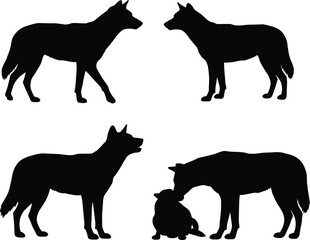 Canine silhouette vector, animal family interaction, wild dog clipart, black graphic design, caring posture icon, isolated wildlife behavior