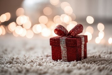 Bright red gift package adorned with a glittering bow lies on a cozy floor, softly lit by bokeh lights, creating a cheerful and festive atmosphere